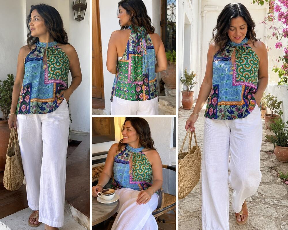Rachel Zoe Multicolor Patchwork Print Halter Top Size L Boho Resort Blouse